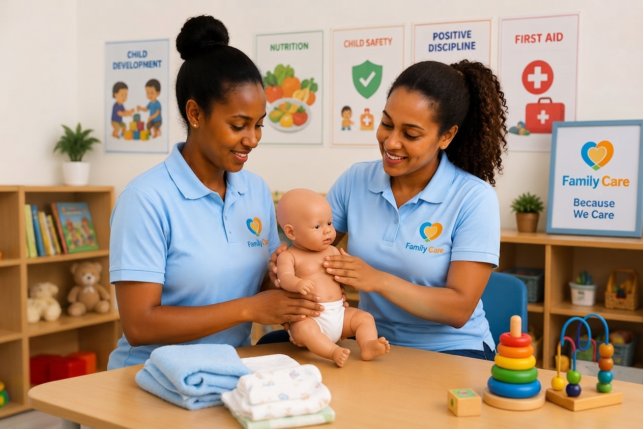 Caregiver training child with educational stack toys